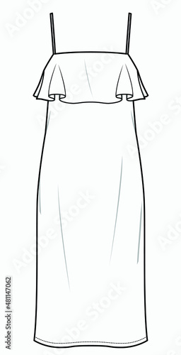 women square neck spaghetti strap slip dress fashion flat sketch vector template. CAD mockup