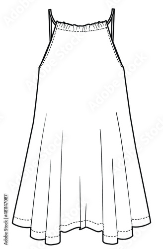 sleeveless mini short trapeze dress with spaghetti strap fashion flat sketch vector illustration