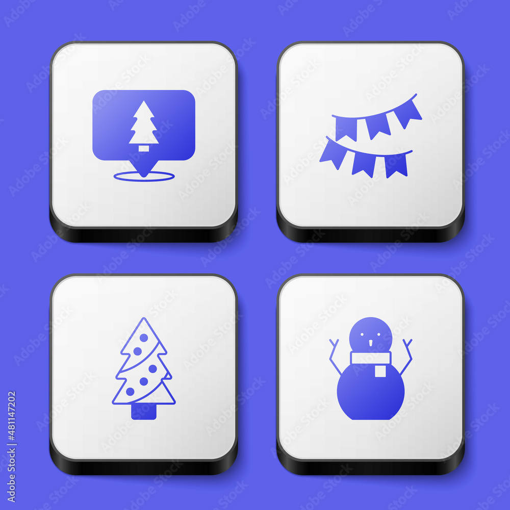 Set Christmas tree, Carnival garland with flags, and snowman icon. White square button. Vector Set Christmas tree, Carnival garland with flags, and snowman icon. White square button. Vector