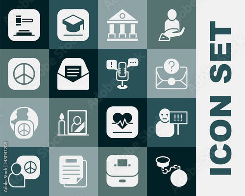 Set Ball on chain, Protest, Envelope with question mark, Courthouse building, Mail and e-mail, Peace, Judge gavel and Freedom of speech icon. Vector