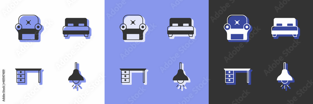 Set Lamp hanging, Armchair, Office desk and Big bed icon. Vector Set Lamp hanging, Armchair, Office desk and Big bed icon. Vector