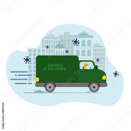 Express delivery truck with man is carrying parcels on points. Concept online map, tracking, service. Vector illustration. © VIKTORIA