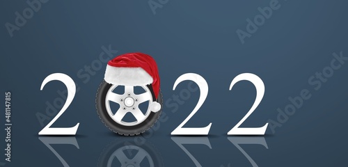 2022 Auto wheel in Santa's hat. New Year for auto workshop, auto shop.