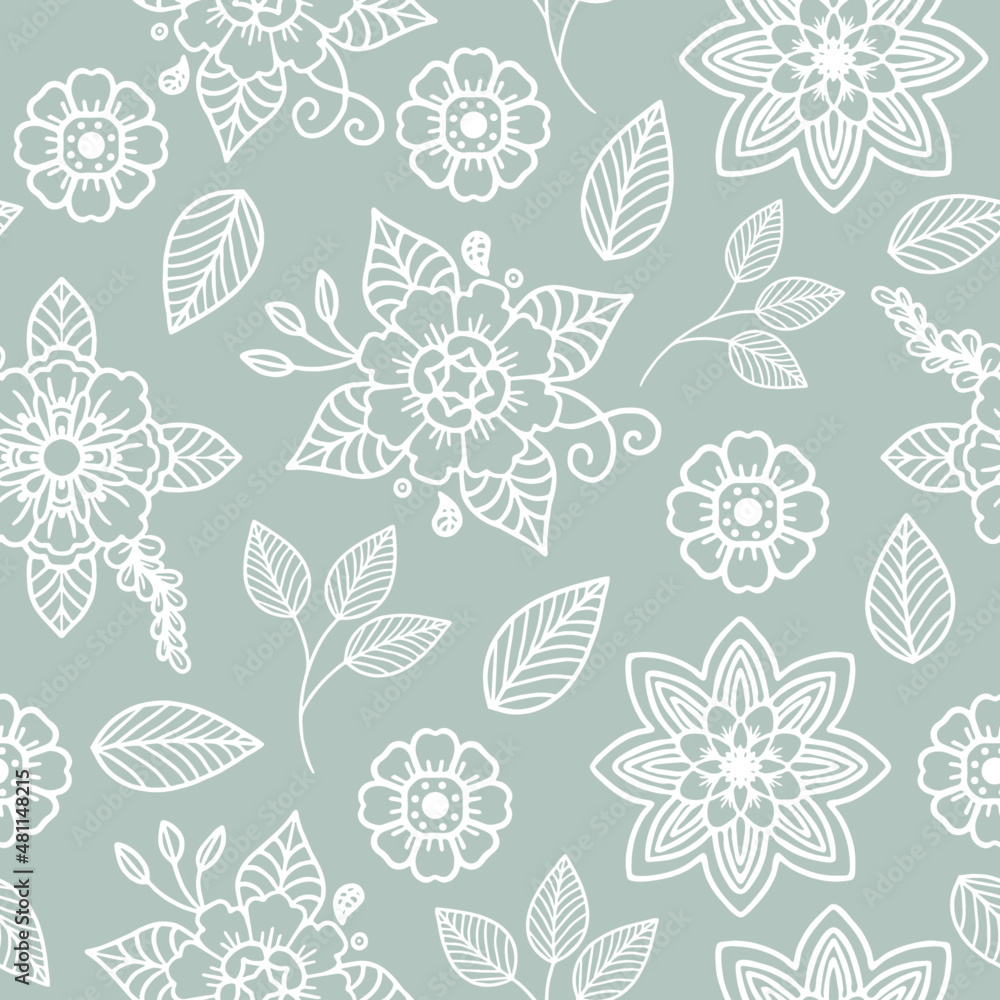 seamless pattern with floral line drawing. Simple minimalist wallpaper pattern with nature elements. Seamless pattern with botanical elements.