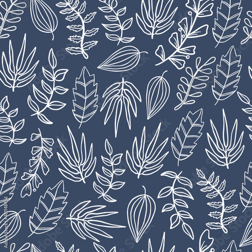 Abstract leaves line art. Fabric design. vector wallpaper seamless pattern with leaves in navy background. Floral repeating background. Endless print 