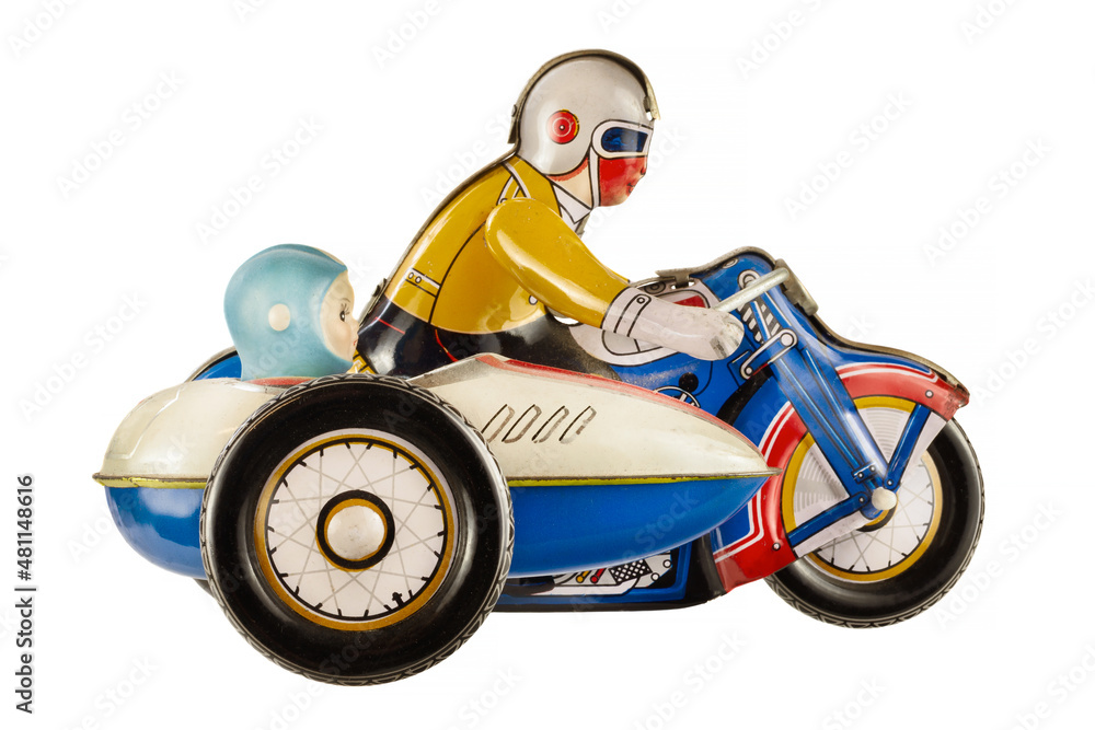 Vintage motorcycle with sidecar metal toy isolated on white Stock Photo