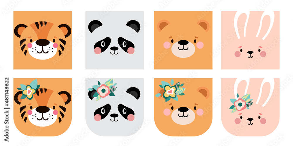 Animal square face with flowers. Cute template for notebook cover, exercise book, planner, note, stickers, labels. Funny cartoon Muzzles. Tiger, panda, bear, rabbit.