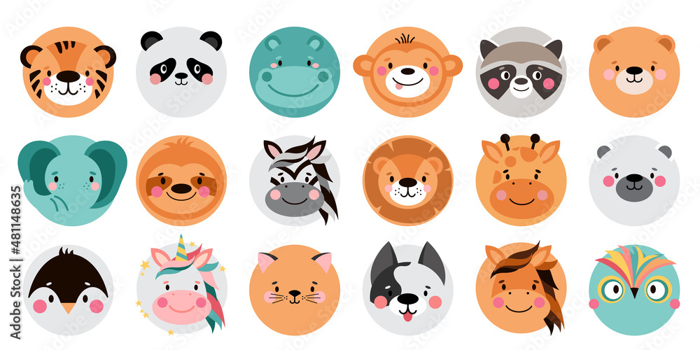 Animal circle face ui. Cute simple icon set. Funny cartoon Muzzles. Illustrations on white background Animal circle face ui. Cute simple icon set. Funny cartoon Muzzles. Illustrations on white background
