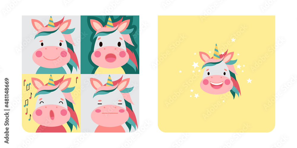 Fototapeta premium Unicorn square face. Cute template for memo, notebook cover, planner, note, stickers, labels. Funny cartoon Muzzles. Illustrations on white background