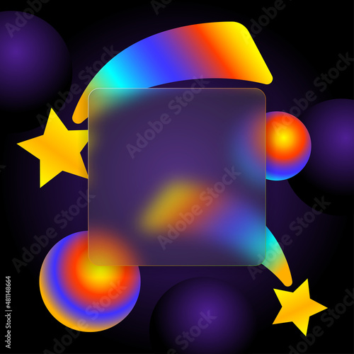 Glass morphism concept with comets, stars and balls. Soft matte transparency glass effect vector.