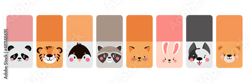 Animal square face. Template for kids label, notebook,diary, note, paper cards, stickers. Funny cartoon Muzzles.