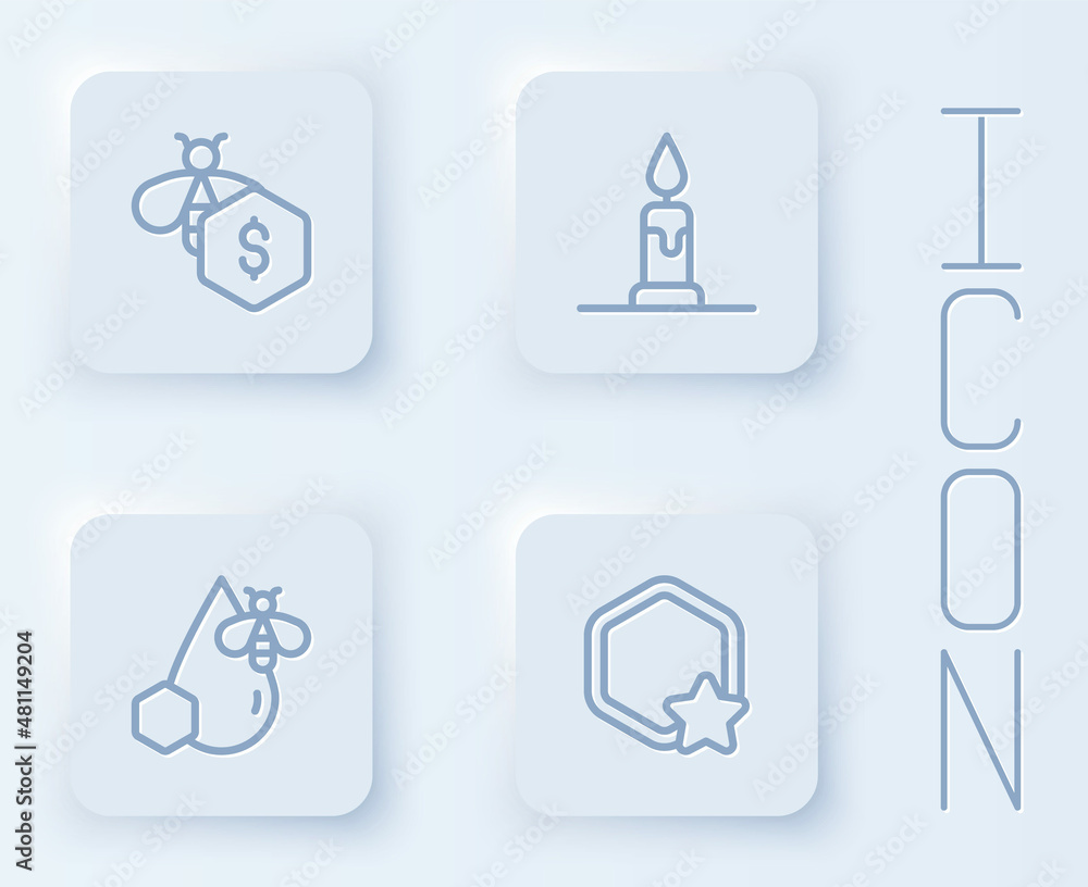 Set line Sale of bees, Burning candle, Bee honeycomb and Honeycomb. White square button. Vector Set line Sale of bees, Burning candle, Bee honeycomb and Honeycomb. White square button. Vector