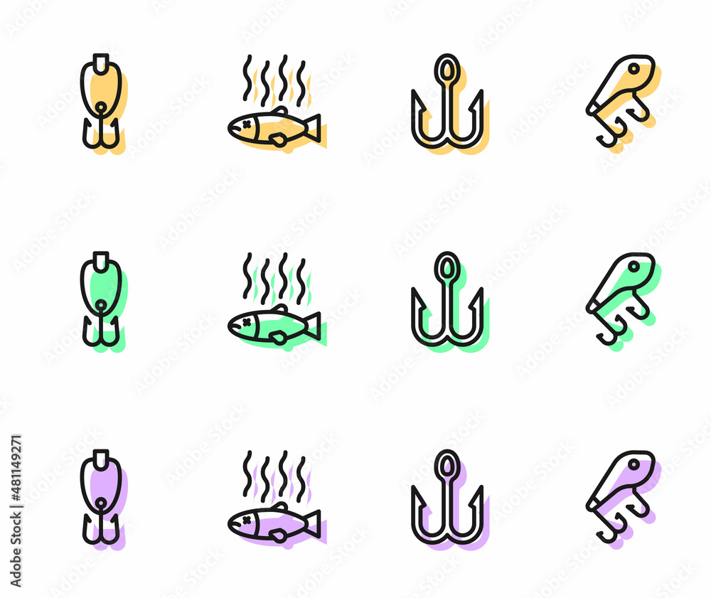Set line Fishing hook, lure, Dead fish and icon. Vector Set line Fishing hook, lure, Dead fish and icon. Vector