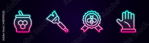 Set line Jar of honey and dipper stick, Beekeeping brush, Best bee and Beekeeper glove. Glowing neon icon. Vector