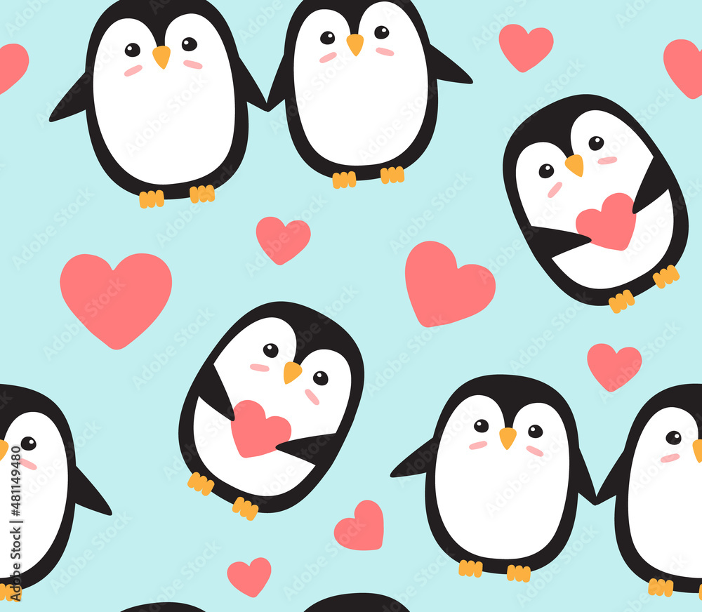 Vector seamless pattern of Valentine love penguin with hearts isolated on blue background Vector seamless pattern of Valentine love penguin with hearts isolated on blue background