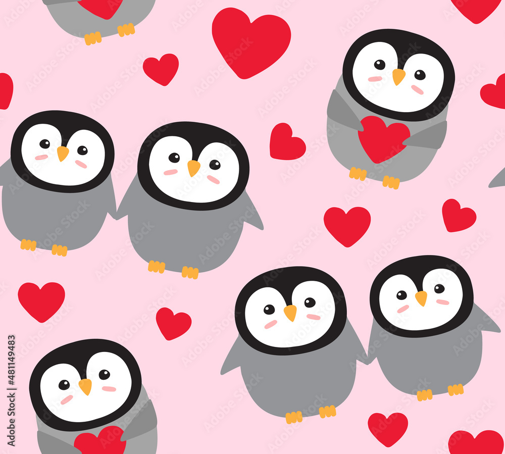 Fototapeta premium Vector seamless pattern of Valentine love penguin with hearts isolated on pink background