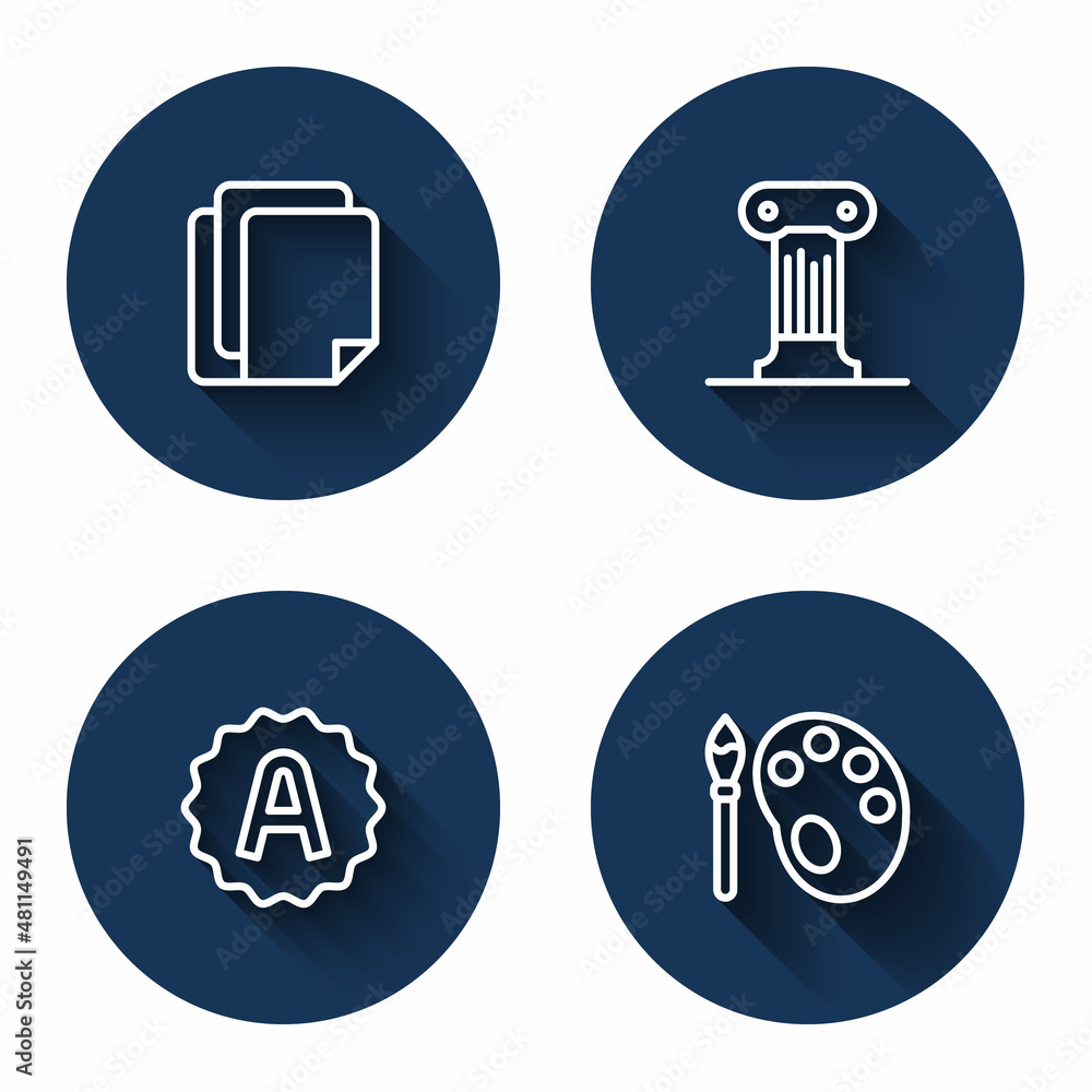 Set line File document, Law pillar, Exam sheet with A plus grade and Paint brush palette with long shadow. Blue circle button. Vector