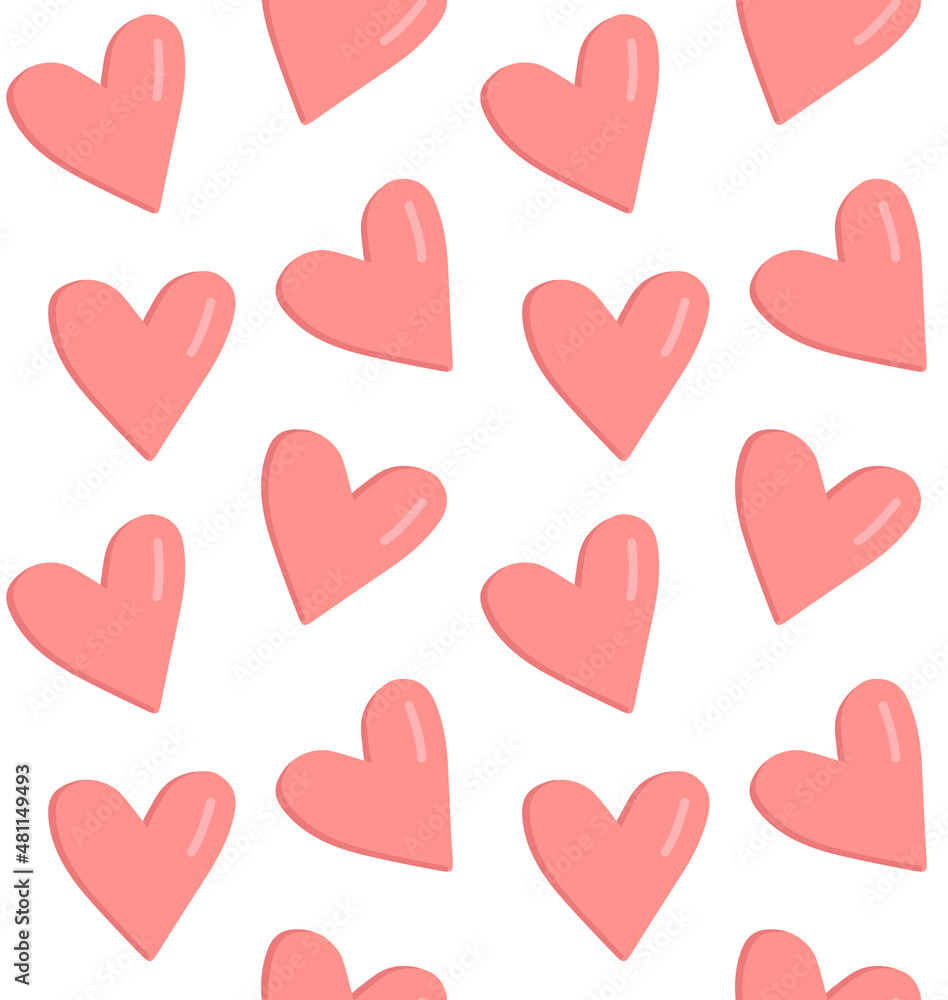 Vector seamless pattern of flat cartoon pink hearts isolated on white background
