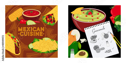 2 images sur le thème de la cuisine Mexicaine, une affiche avec différents produit tex mex et une affiche avec la recette du guacamole.