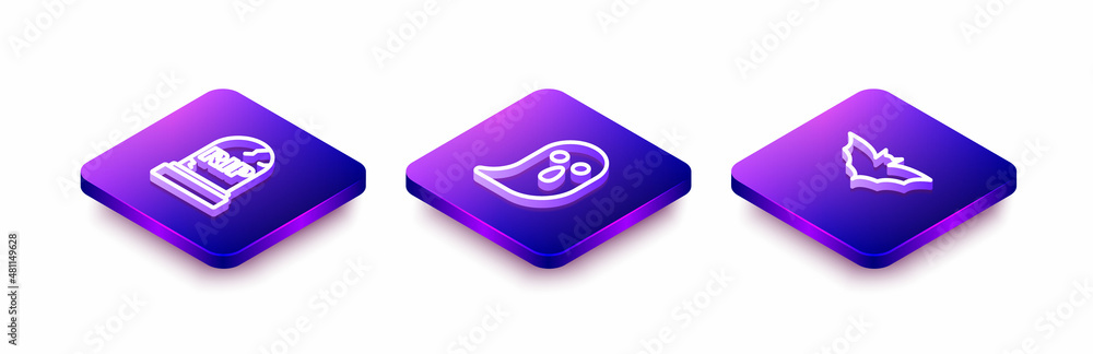Set Isometric line Tombstone with RIP written, Ghost and Flying bat icon. Vector Set Isometric line Tombstone with RIP written, Ghost and Flying bat icon. Vector