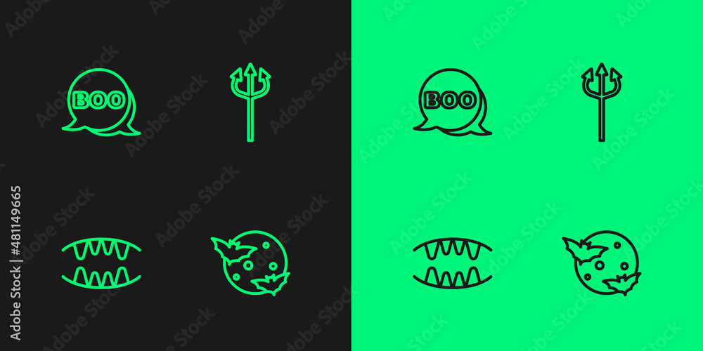 Set line Moon and stars, Vampire teeth, Boo speech bubble and Trident devil icon. Vector Set line Moon and stars, Vampire teeth, Boo speech bubble and Trident devil icon. Vector