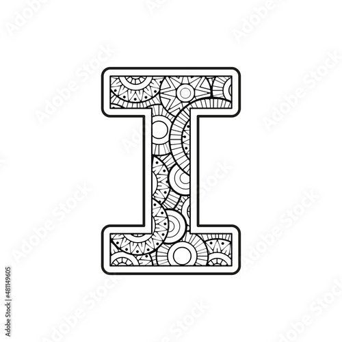 Vector Coloring page for adults. Contour black and white Capital English Letter I on a mandala background