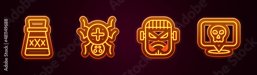 Set line Bottle with potion, Spider, Frankenstein face and Skull. Glowing neon icon. Vector