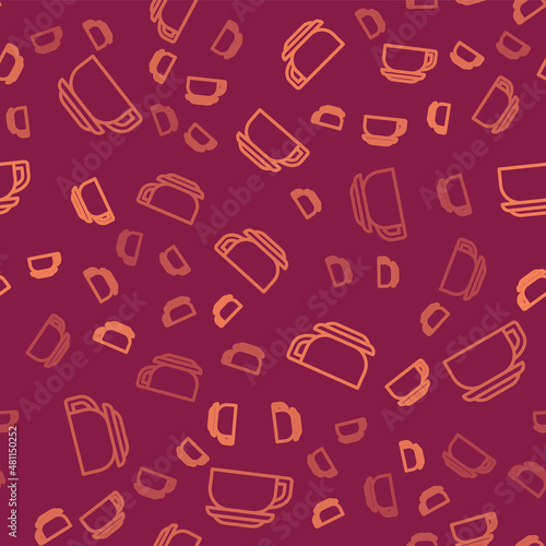 Brown line Coffee cup icon isolated seamless pattern on red background. Tea cup. Hot drink coffee. Vector