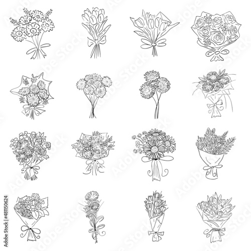 Set of beautiful bouquets with garden and wild flowers. Collection of flowering plants with stems, leaves isolated on white. Chamomile, rose, tulip, peony. Sketch style monochrome vector illustration