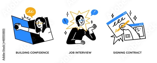 Employment - set of business concept illustrations. Recruiting, job interview, approved candidate, singing contracts.