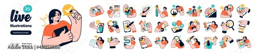 Social Media Marketing illustrations. Mega set. Collection of scenes with men and women taking part in business activities. Trendy vector style