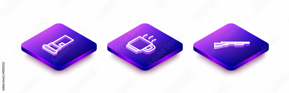 Set Isometric line Cartridges, Coffee cup and Hunting gun icon. Vector Set Isometric line Cartridges, Coffee cup and Hunting gun icon. Vector