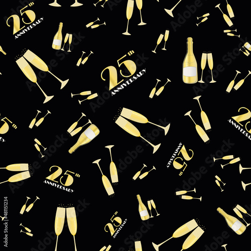 25 years anniversary celebration vector seamless pattern with hand drawn champagne bottles and glasses. Black and gold background. Fizzy drinks and 1920s font. Repeat for party, business event