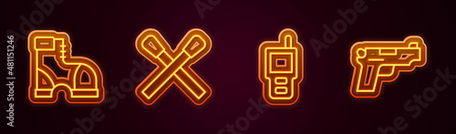 Set line Hunter boots, Burning match with fire, Walkie talkie and Pistol or gun. Glowing neon icon. Vector