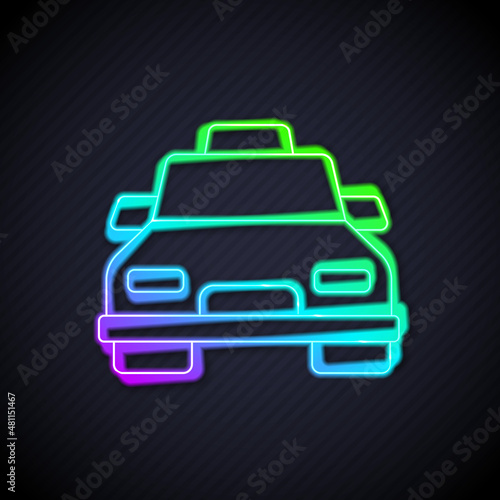 Glowing neon line Taxi car icon isolated on black background. Vector