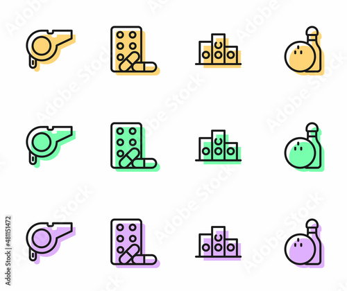 Set line Award over sports winner podium, Whistle, Sports doping with dumbbell and Bowling and ball icon. Vector