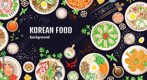 Top view korean meal. Barbecue tofu food, lunch table. Vegetarian meals and different meat buffet. Asia cuisine, traditional kitchen swanky vector background