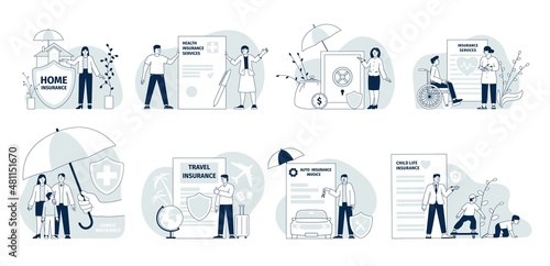 Insurance concept. Insure risk contract, safe health and car. Medical healthcare, business support. Family, medicine and home protection recent vector set