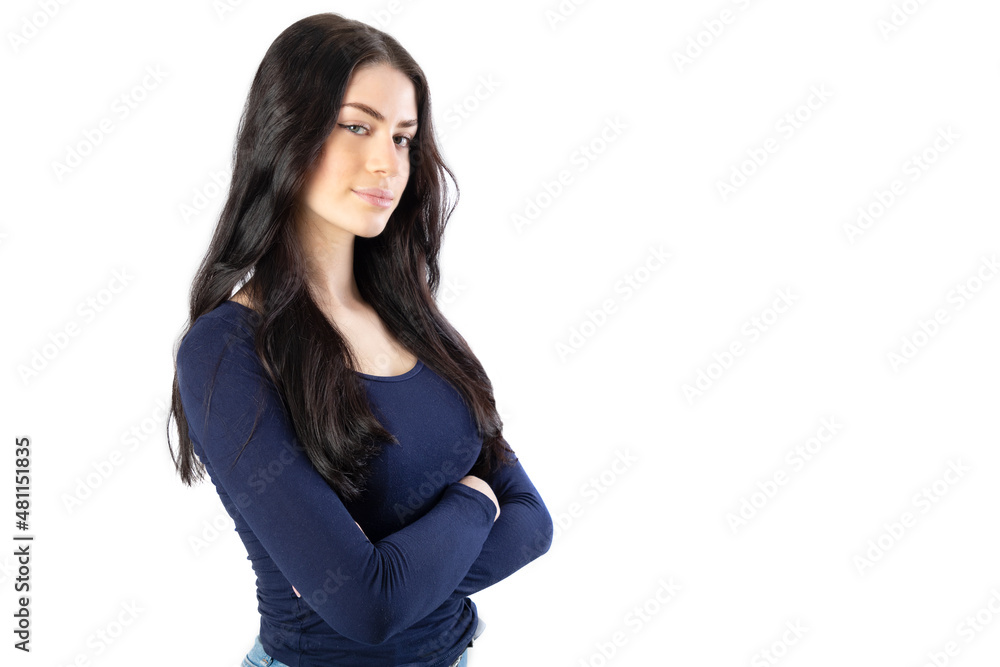 Woman with a successful expression looking at camera. Isolated on white background. 20-22 years old. White european woman. Woman with a successful expression looking at camera. Isolated on white background. 20-22 years old. White european woman.