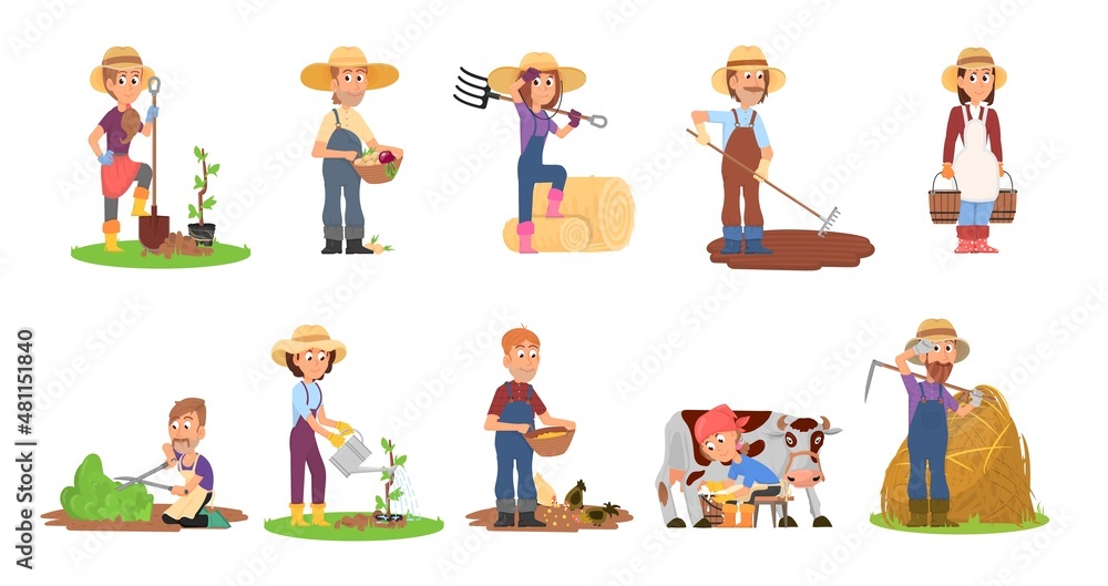 Farmer characters. Agriculture farmers, harvest worker and cow. Cartoon agricultural work, farm business people. Harvesting decent vector set