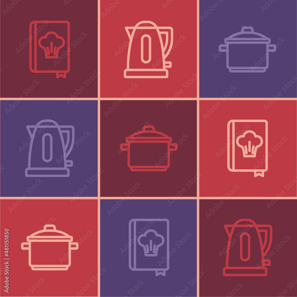 Set line Cookbook, Cooking pot and Electric kettle icon. Vector Set line Cookbook, Cooking pot and Electric kettle icon. Vector
