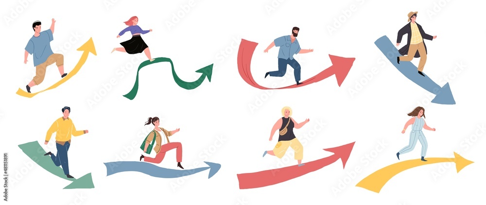 Set of vector flat cartoon characters runs along huge arrows,moving to a set goal-life problems solving,goal and success achievement,personal growth metaphor concept,web site banner ad design