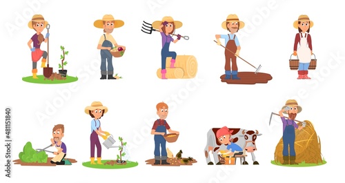 Farmer characters. Agriculture farmers, harvest worker and cow. Cartoon agricultural work, farm business people. Harvesting decent vector set