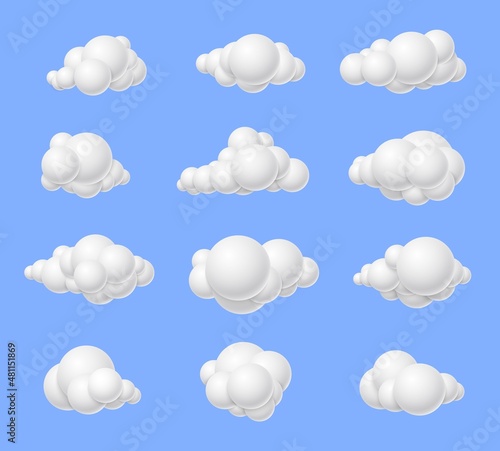 White 3d clouds. Cartoon cloud, sky decorative sign. Air balloons or bubbles, render sphere groups. Heaven fluffy elements, exact vector set