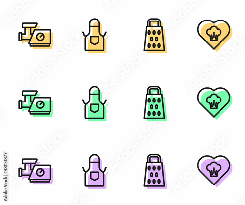 Set line Grater, Kitchen meat grinder, apron and Chef hat icon. Vector