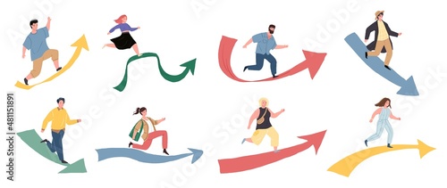 Set of vector flat cartoon characters runs along huge arrows moving to a set goal-life problems solving goal and success achievement personal growth metaphor concept web site banner ad design