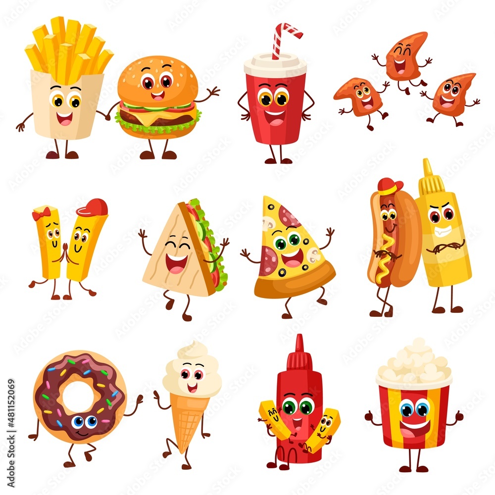 Funny fast food characters. Joyful snack, sandwich and drink. Isolated  burger, dessert and ice cream. Pizza slice and potatoes sticks, garish  vector clipart Stock Vector | Adobe Stock