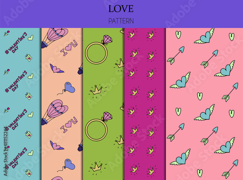Doodle set of seamless patterns for Valentine s day. Vector colorful illustration for the holiday on February 14. Hand draw set for romance, wedding, date, invitation, greeting card, love. Icons for