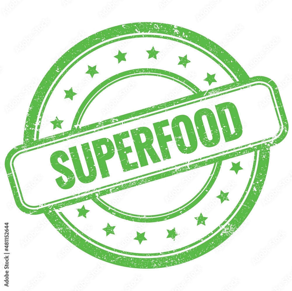 SUPERFOOD text on green grungy round rubber stamp. SUPERFOOD text on green grungy round rubber stamp.