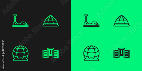 Set line Swedish wall, Playground climbing equipment, Bumper car and icon. Vector
